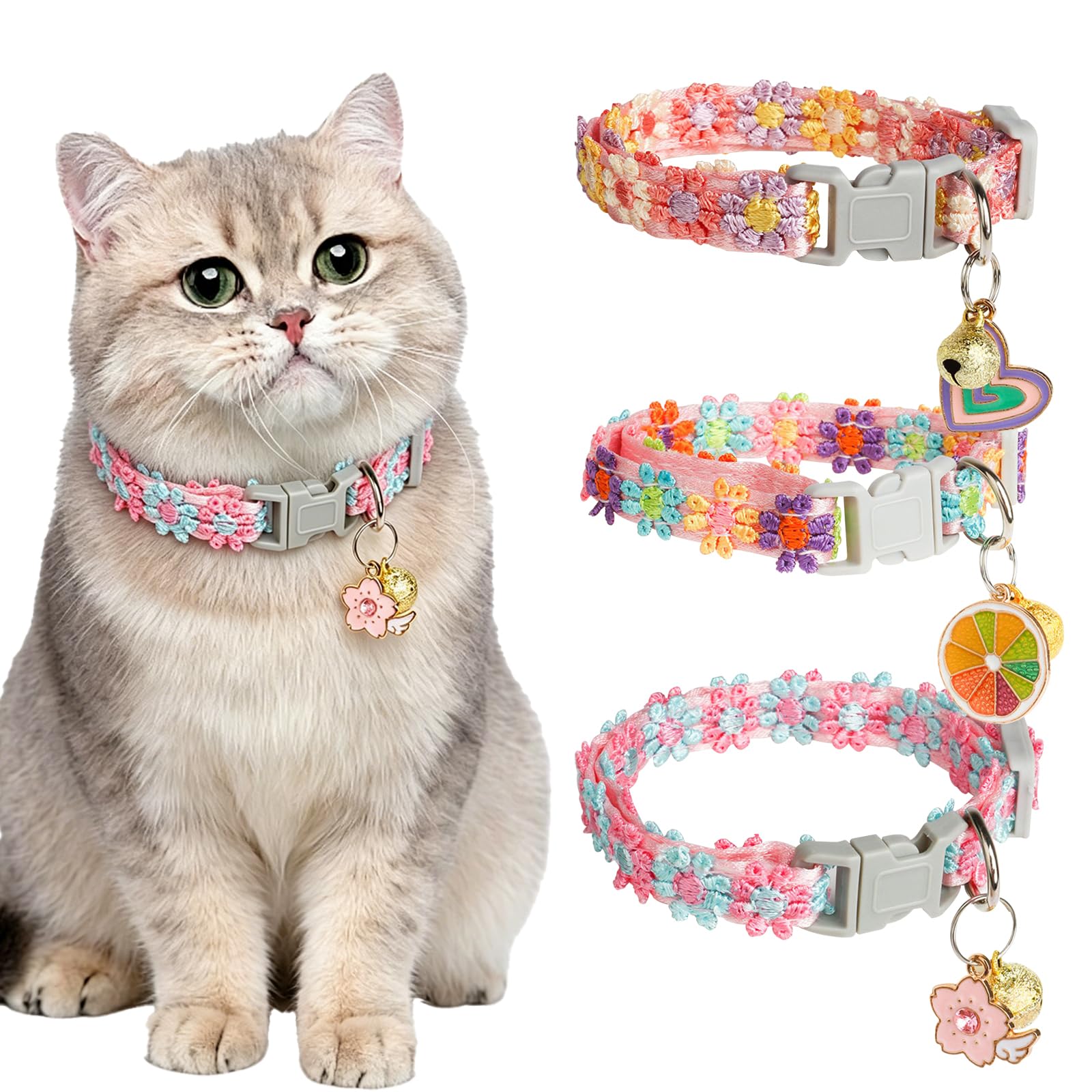 KASESSS 3 Pack Floral Embroidery Cat Collars, Adjustable Cat Collar with Bell Safety Buckle, Kitten Collar Set with a Cute Clip for Girl Boy Cats Puppies Small Pets, 19-32cm Colorful Pet Accessories