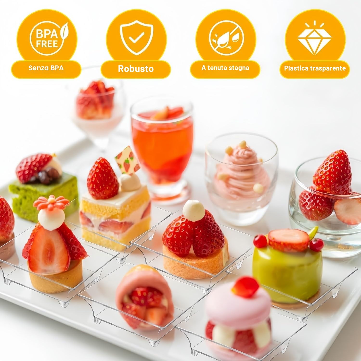 KAHEIGN 100 Pezzi Piatti da Aperitivo in Plastica con Cucchiai, 6CM Piatto Quadrato per Degustazione Dessert Ciotole Trasparenti per Antipasti Parfait Piatti da Portata Riutilizzabili per Campione