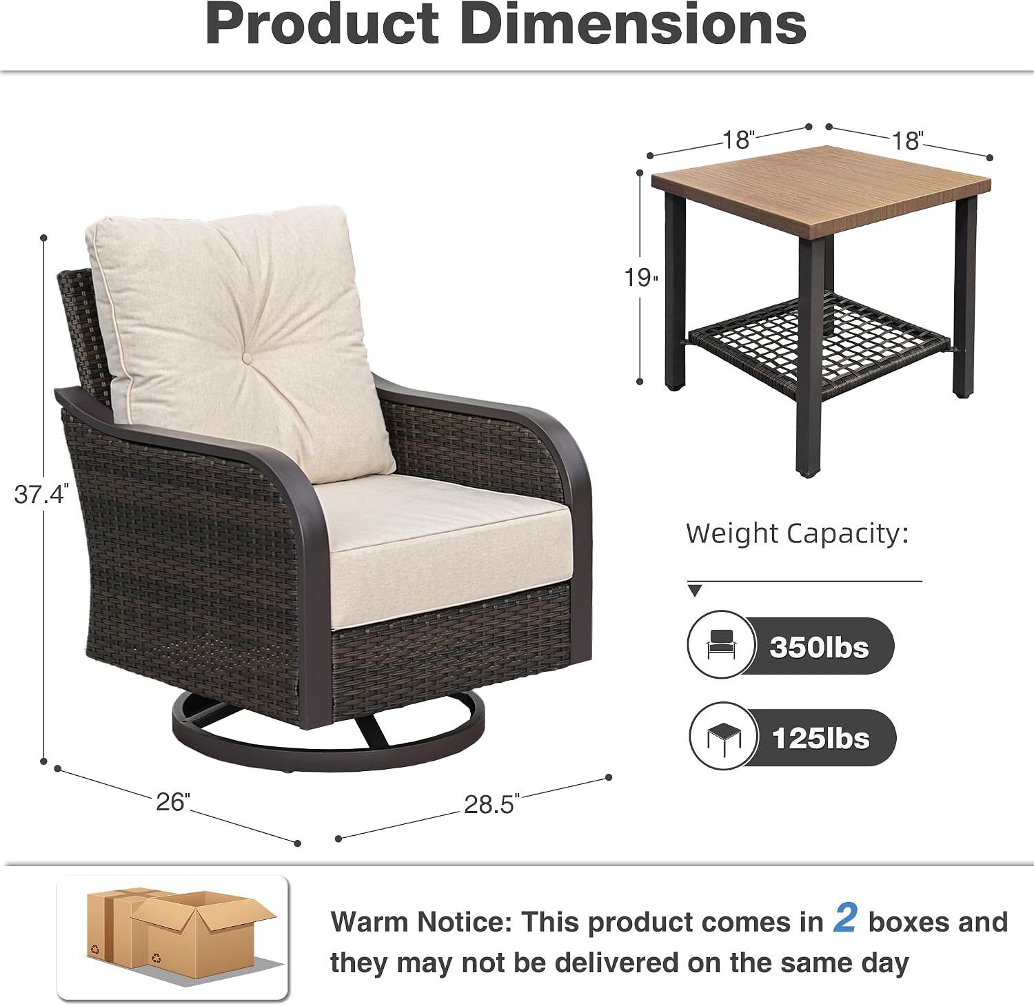 Outdoor Swivel Rocker Chairs, Wicker Swivel Rocking Chairs with 6'' Thick Cushions and Side Coffee Table, 3 Piece Patio Furniture Set for Balcony, Porch, Garden, Beige