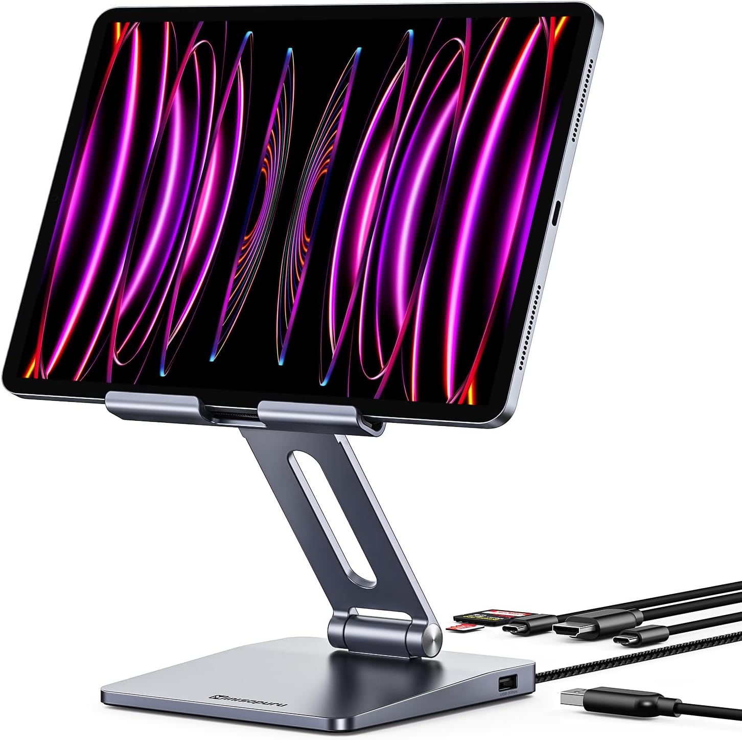 Minisopuru iPad Docking Station – iPad Pro USB C Hub with Foldable Tablet Stand, iPad Hub Stand with 4K HDMI, 100W PD, USB 3.0 Ports, SD/TF, iPad Dock for iPad M2/M1, iPad Pro, iPad Air, iPad Mini.