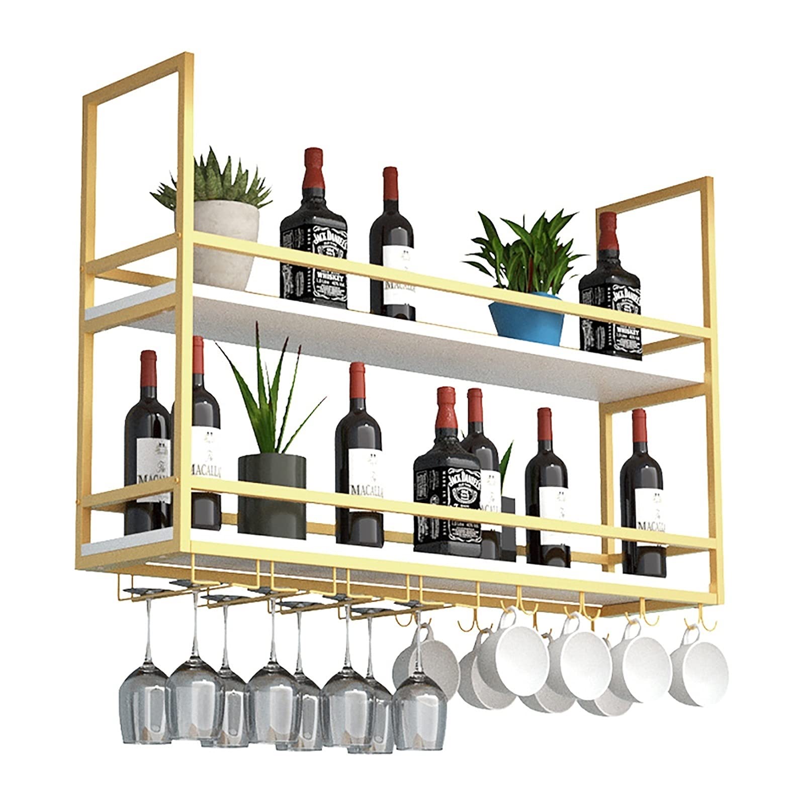 QRBNFRDE Hanging Storage Shelves, Golden Hanging Wine Rack, Industrial Style Wrought Iron Double Ceiling Hanging Kitchen Storage Rack Home Decoration,Golden-100x30x80cm