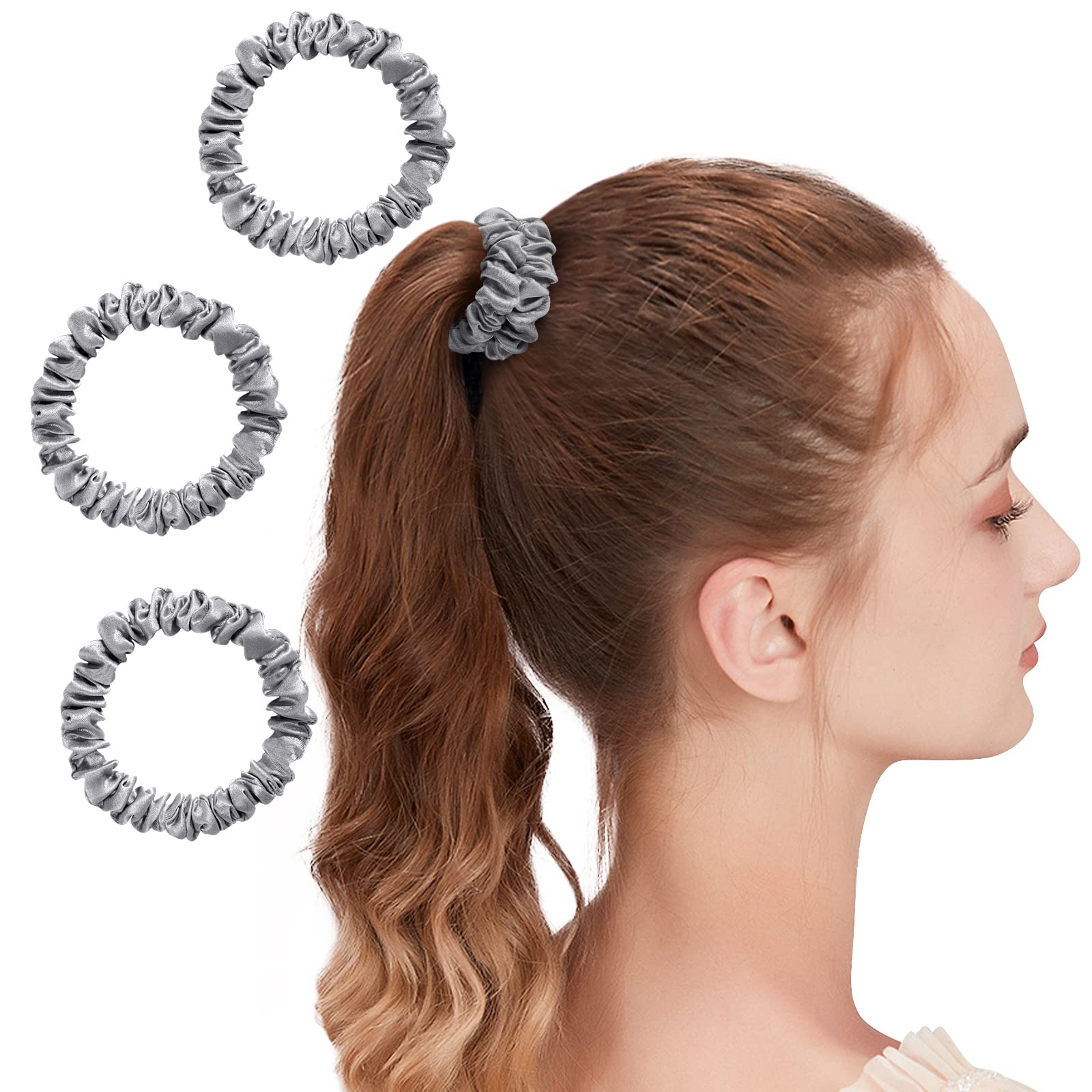 OLESILK 3er-Set 100% Seide Haargummis Kleine Scrunchies Haarschmuck Zopfgummi Haare Ringe Elastische Haarbänder Gummibänder 3 Stücke, Grau