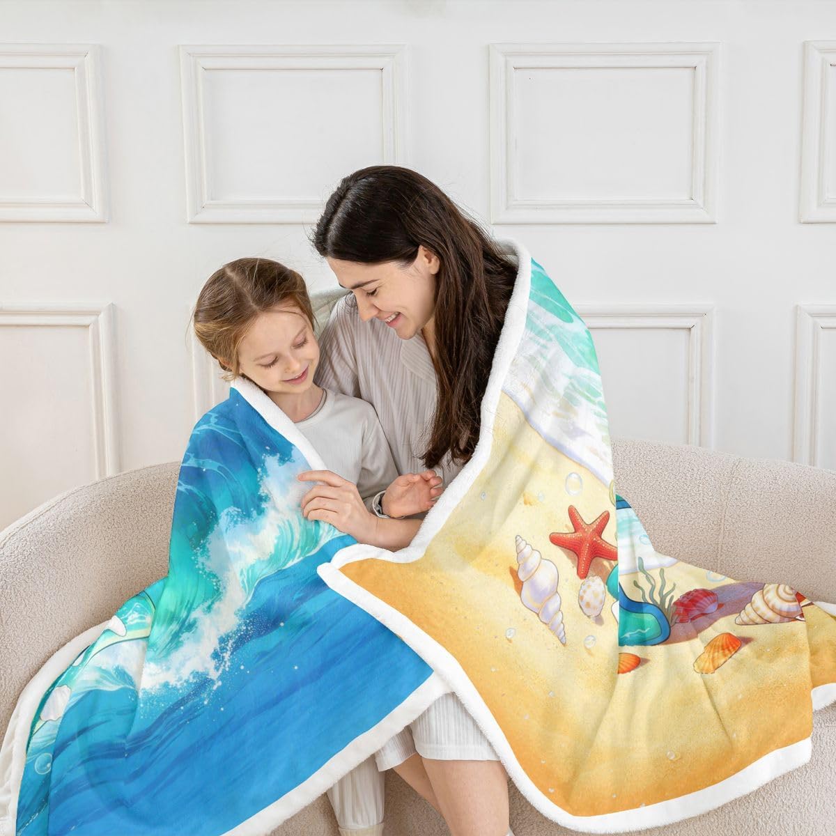 Hawaiian Beach Fleece Throw Blanket Kids Personalized Initial Letter F Sherpa Blanket Plush Fuzzy Twin 60"x80" Beach Coastal Bed Couch Chair Living Room for Room Decor Microfiber Marine Life Sea image 5
