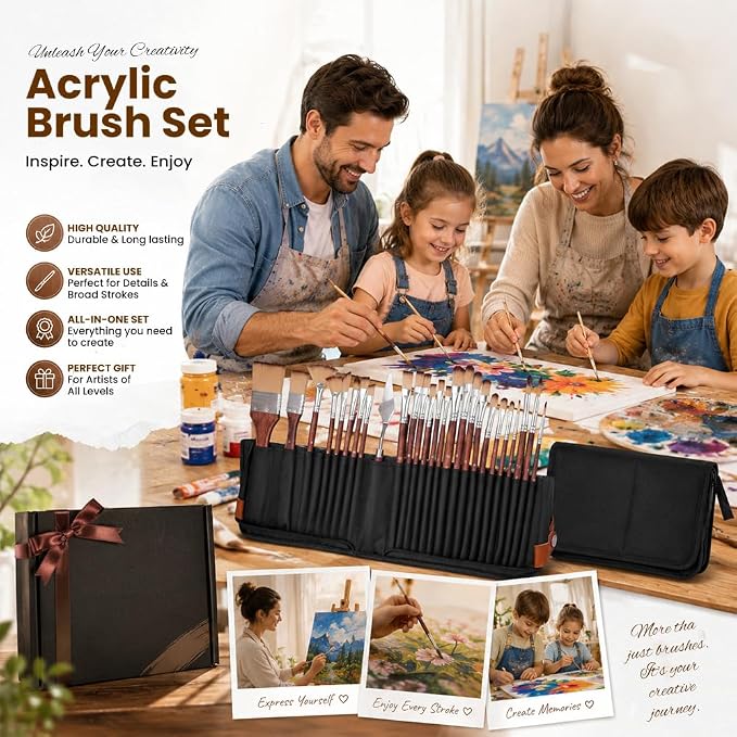 Simpson Sellers 26PCS Paint Brush Set with Palette Knife, Professional Acrylic Oil Watercolor Painting Kit, Flat Filbert Fan Round Detail Tools, Travel Canvas Case for Artists, Face Painting miniatura 5