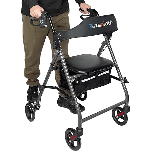 Retaoldth Foldable Rollator Walker with Seat for Seniors, Easy Folding | One-Hand Carry, 6" All-Terrain Wheels, Handle Height Adjustable,Lightweight Rolling Walker for Elderly, 300lb Capacity, Grey