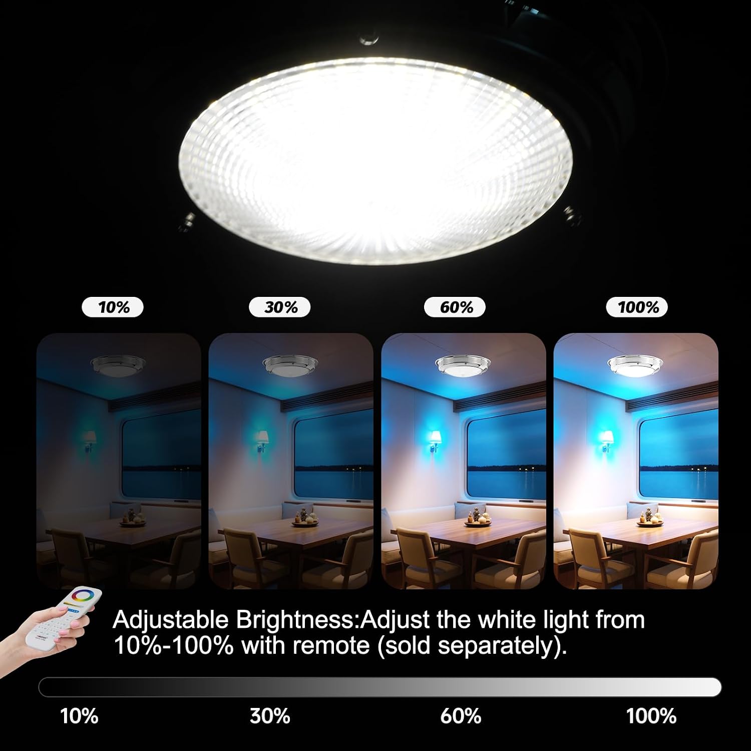 Marine Dome Light,Remote Control Full-Color RGBW LED,Adjustable Brightness and Color,Boat Interior Cabin Lighting,12V DC, 5-Inches (RemoteControl Not Included)