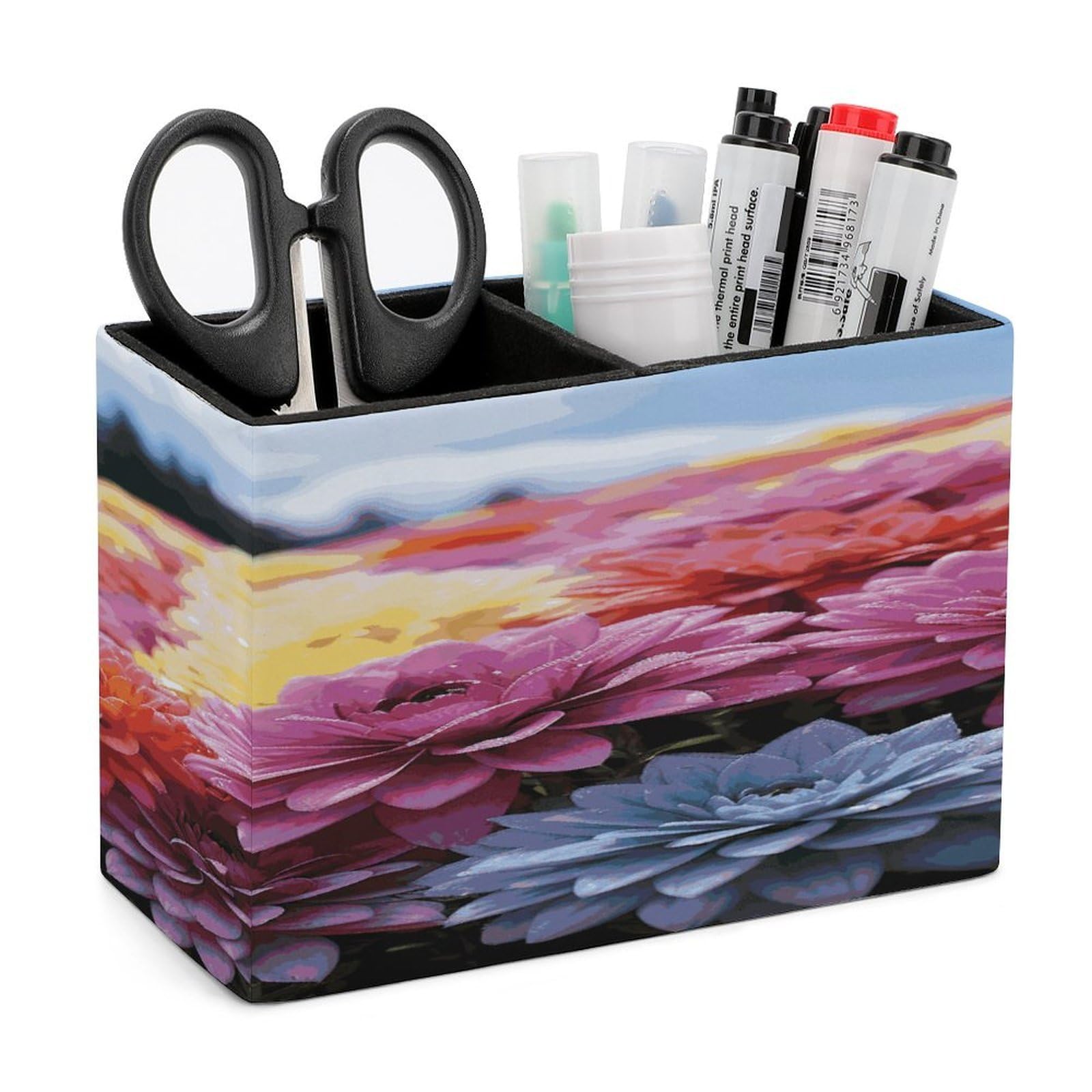 LDGSUPH Rainbow Flower Sea Leather Pen Holder for Desk Organizer Caddy Large Pencil Cup Multi-function Pencil Holder Makeup Brush Holders Pen Organizer for Home Office Storage Box