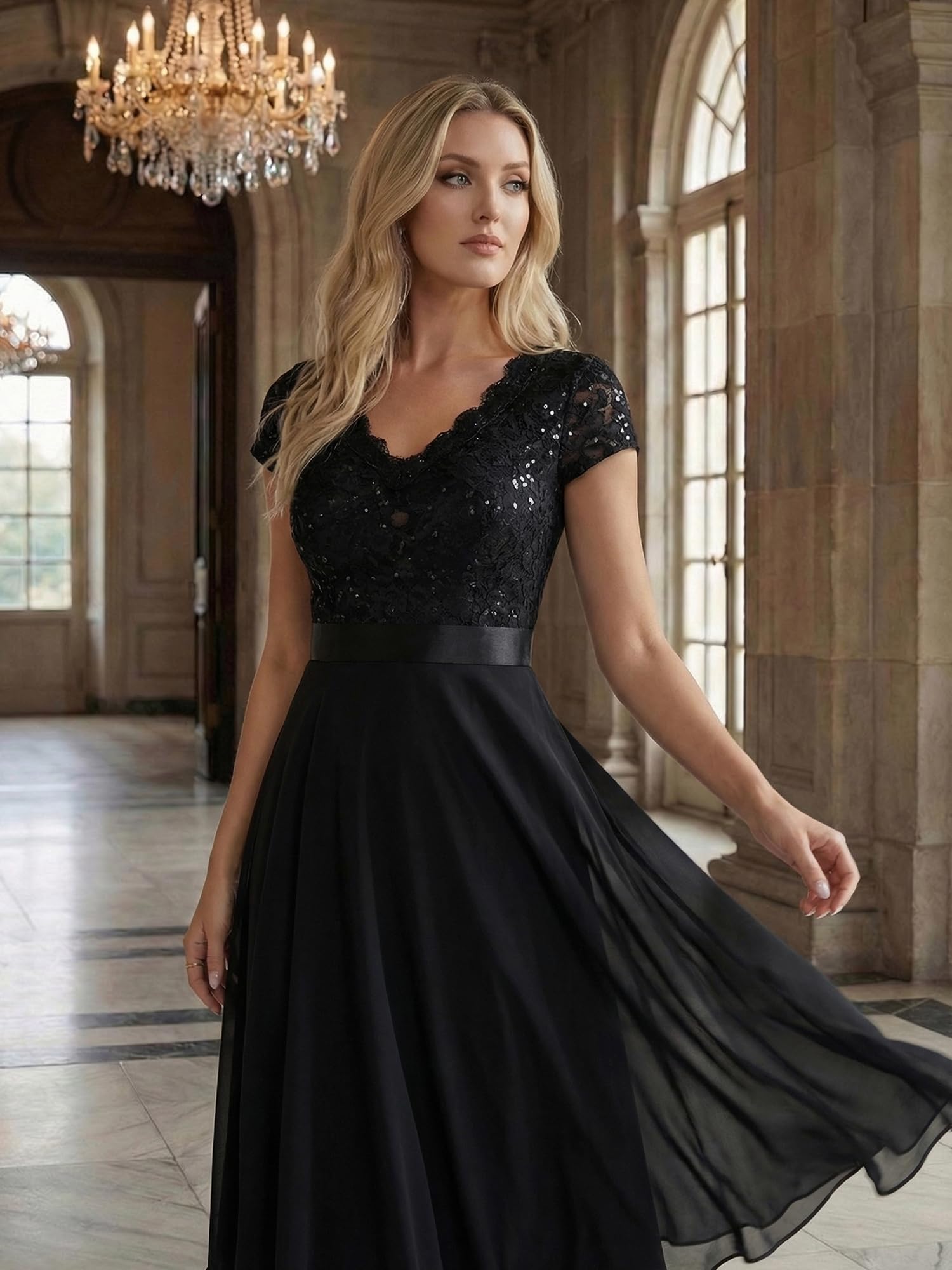Ever-Pretty Robe de Soirée Chic Col en V Manches Courtes Mousseline Dentelle High-Low EE02644