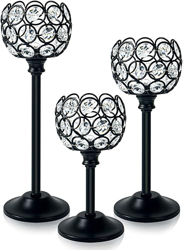 Miniatura 10 de Juego de 3 candelabros de metal de cristal plateado, candelabros de cuenco brillante, portavelas votivas altas, elegante centro de velas para mesa