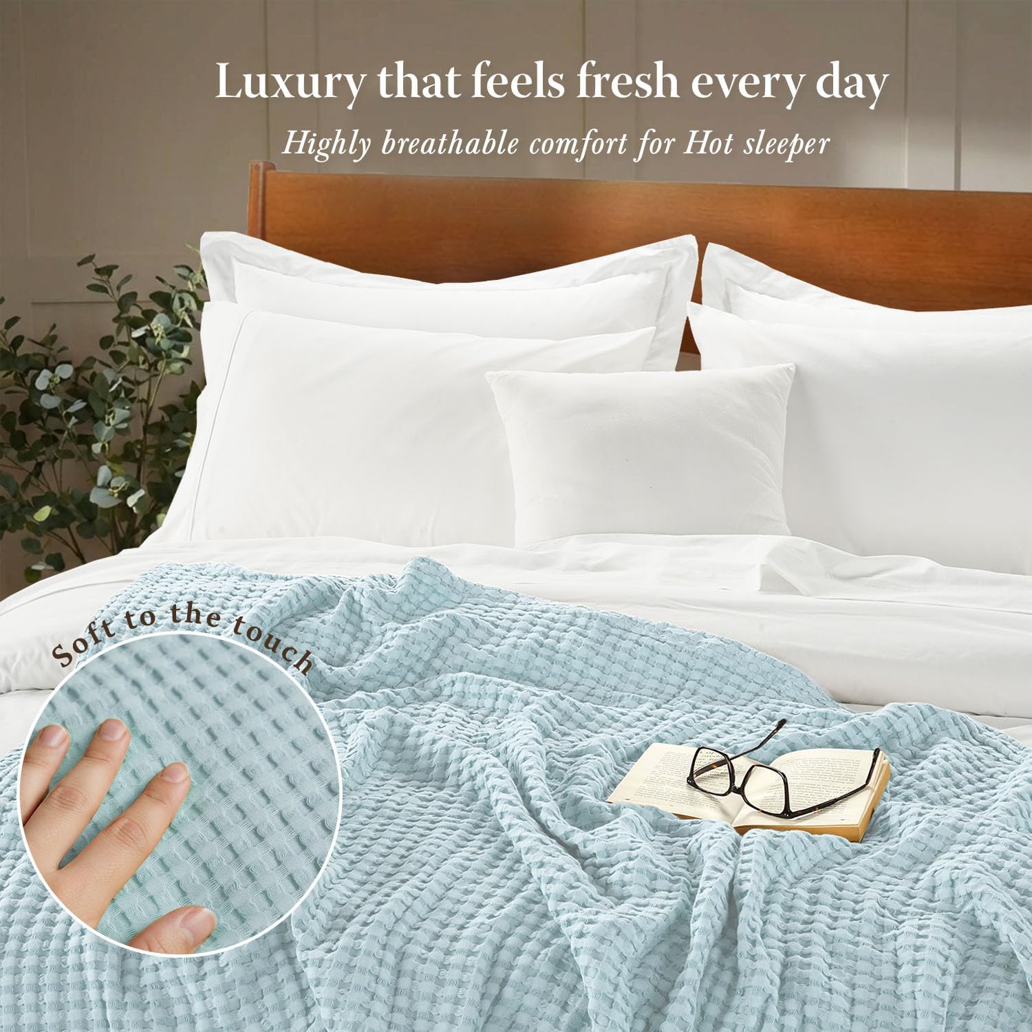 Threadmill Cooling Waffle Blanket King Size | Breathable, Lightweight and Cooling | Made from Rayon Derived from Bamboo | Waffle Throw Blanket for Couch and Sofa | 106 x 92 Inches | Light Blue