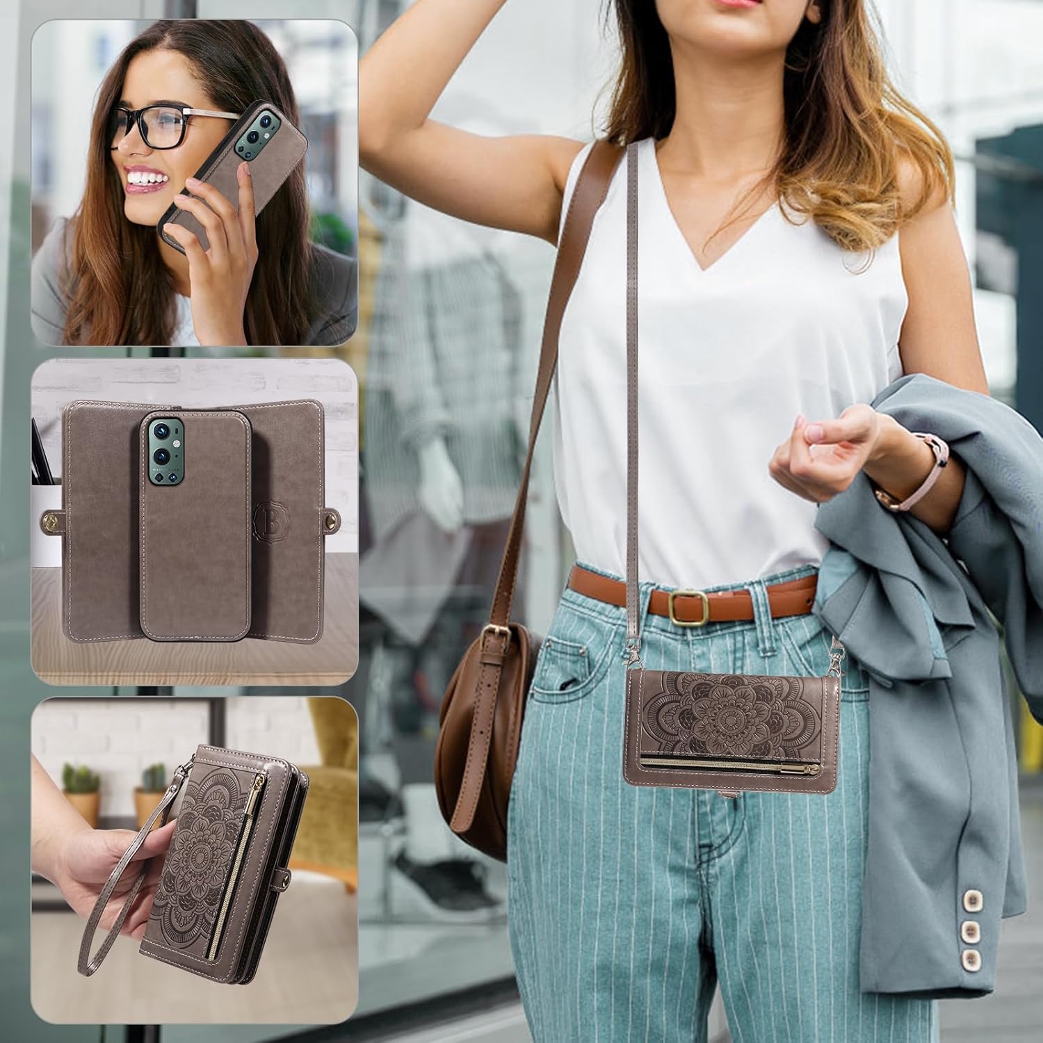 Asuwish Phone Case for OnePlus 9 Pro One Plus 9Pro 5G Zipper Wallet Detachable Cell Cover with Tempered Glass Screen Protector Strap Flower Credit Card Holder On 1Plus 1 + Plus9 1+ Pro Nine Women Gray