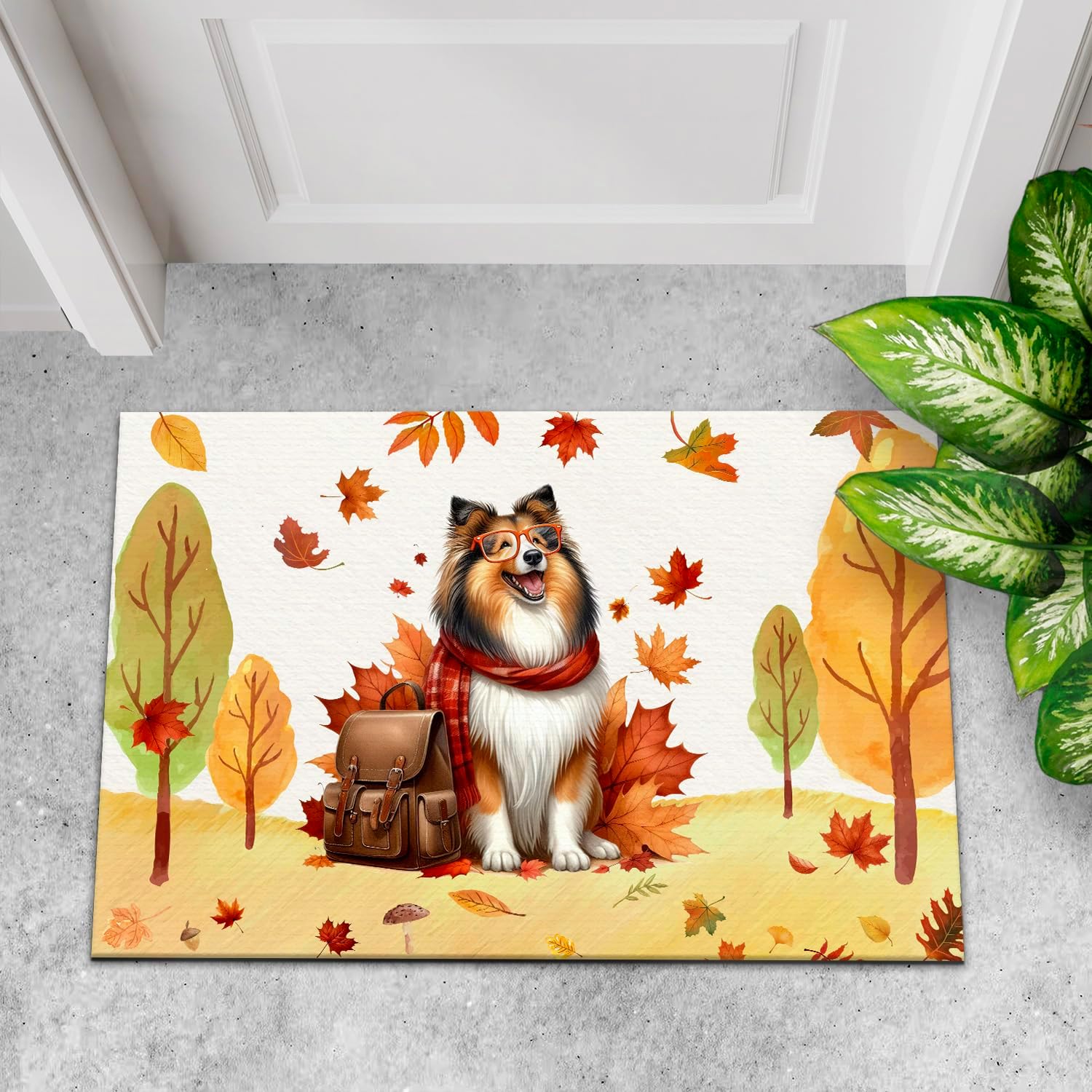 Welcome Fall Collie Enjoys School Time Autumn Fall Leaves Doormat Collie Dog Lover Gifts Idea Indoor Outdoor Welcome Mat - 02013