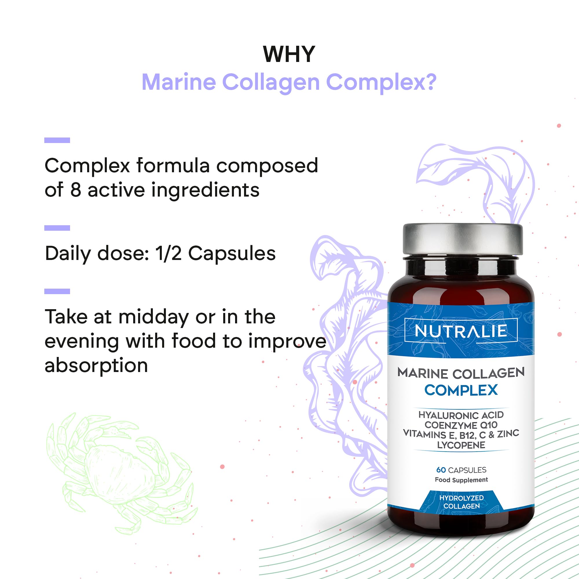 Collagène Marin Hydrolysé + Acide Hyaluronique Q10 Vit C E - Peau - Vitamines C E et Q10-100% Peptides de Collagène de Type I - 60 gélules Nutralie (Lot de 2)
