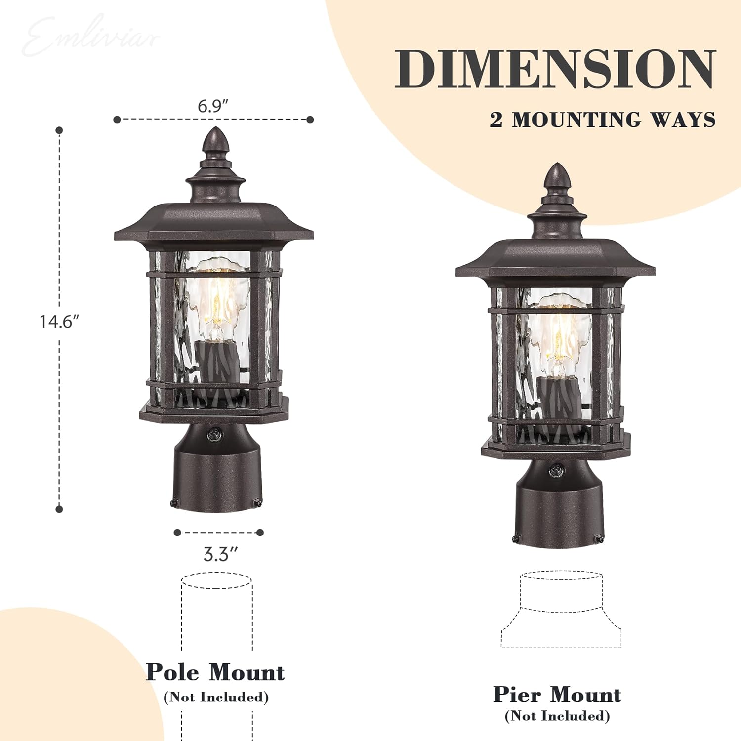 Emliviar Waterproof Farmhouse Lamp Post Lantern, Dusk to Dawn Outdoor Lighting, Post Deck Light in Oil Rubbed Bronze Finish, Water Ripple Glass, 2084P-PC ORB-SW