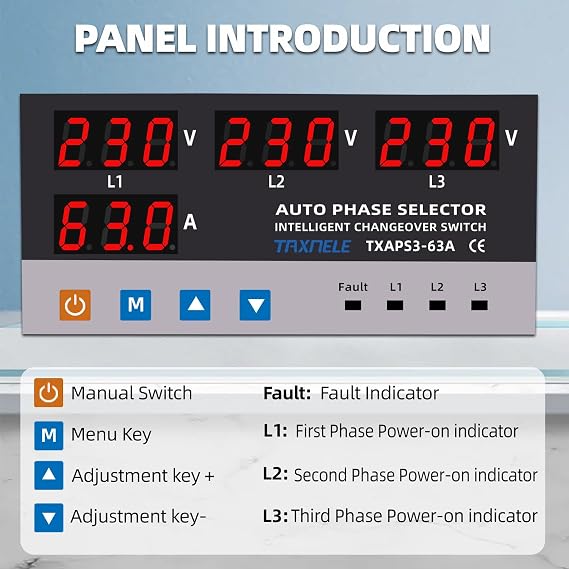 3 Three Phase Voltage Over Under Voltage Protector ATS Automatic Transfer Switch Phase Selector Uninterrupted Power 63A 100A 220V 3P Over Current Limiter (63A)