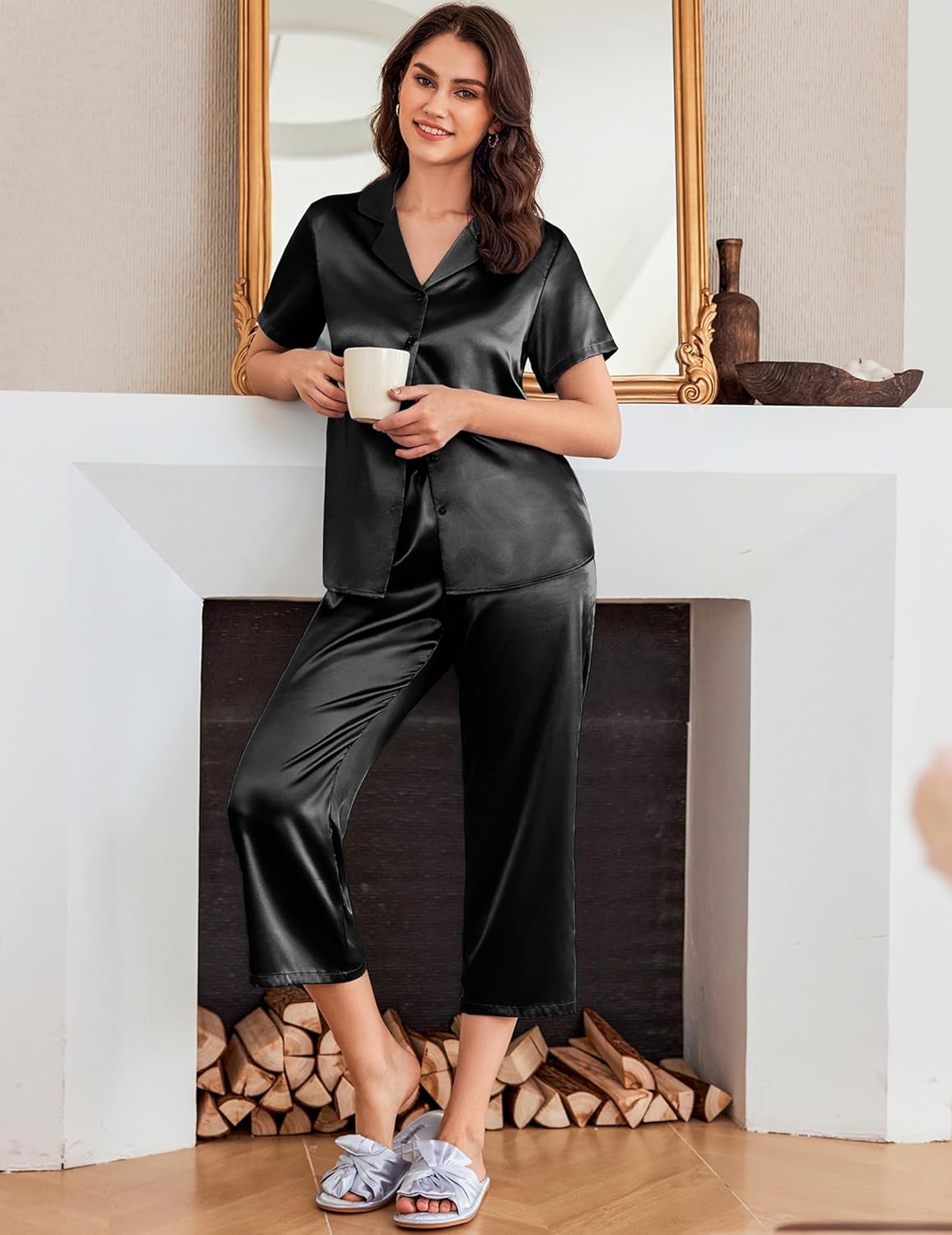 Ekouaer Womens Satin Pajamas Silk Capri Pjs 2 Piece Lounge Sets Short Sleeve Button Down Sleepwear - Image 2