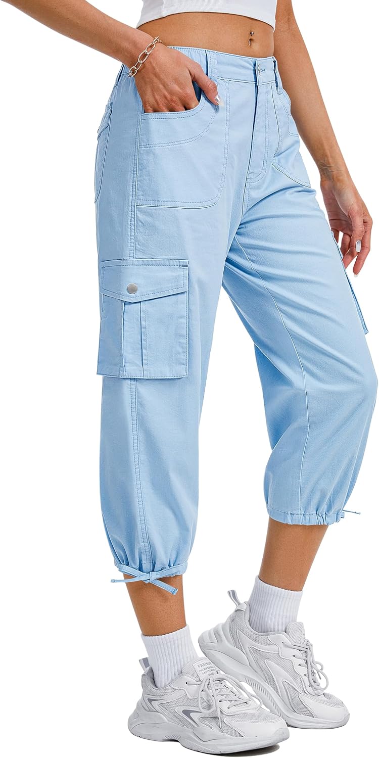 Eddoyee Women's Cargo Capris Pants Elastic Waist Hiking Pants 2026 Summer Casual Pants with 6 Pockets