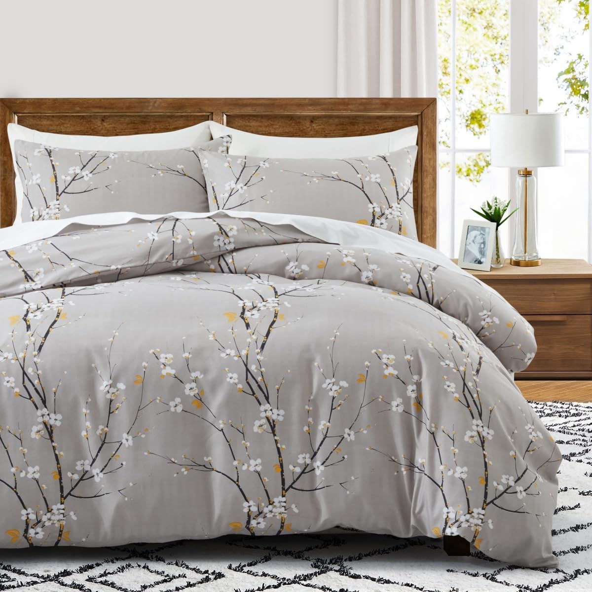 Housse de couette poire 140x200 cm avec taie d'oreiller motif branche de poirier en microfibre grise