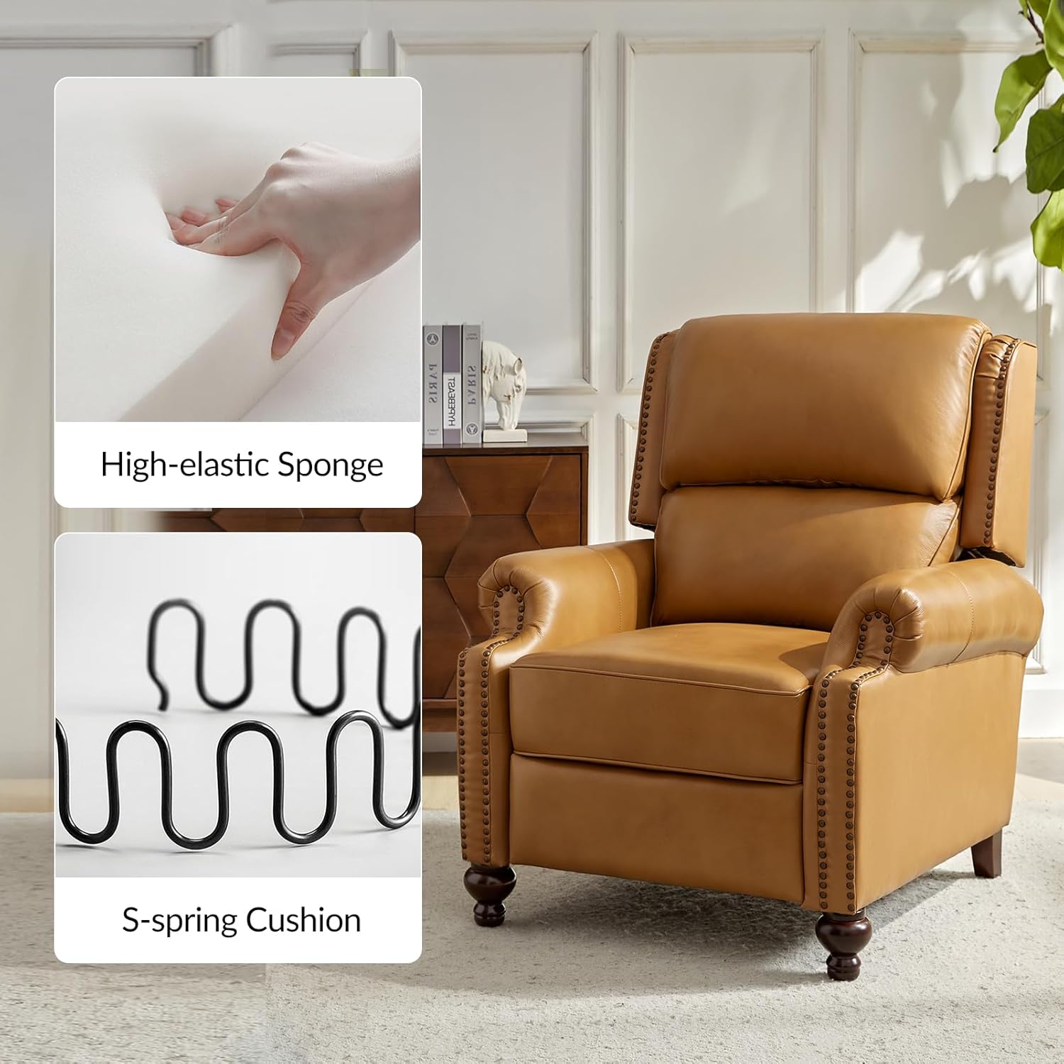 HULALA HOME Genuine Leather Wingback Recliner Chairs Set of 2 with Thick Cushioned Seat, Traditional Push Back Leather Recliner with Nailhead Trim, Camel