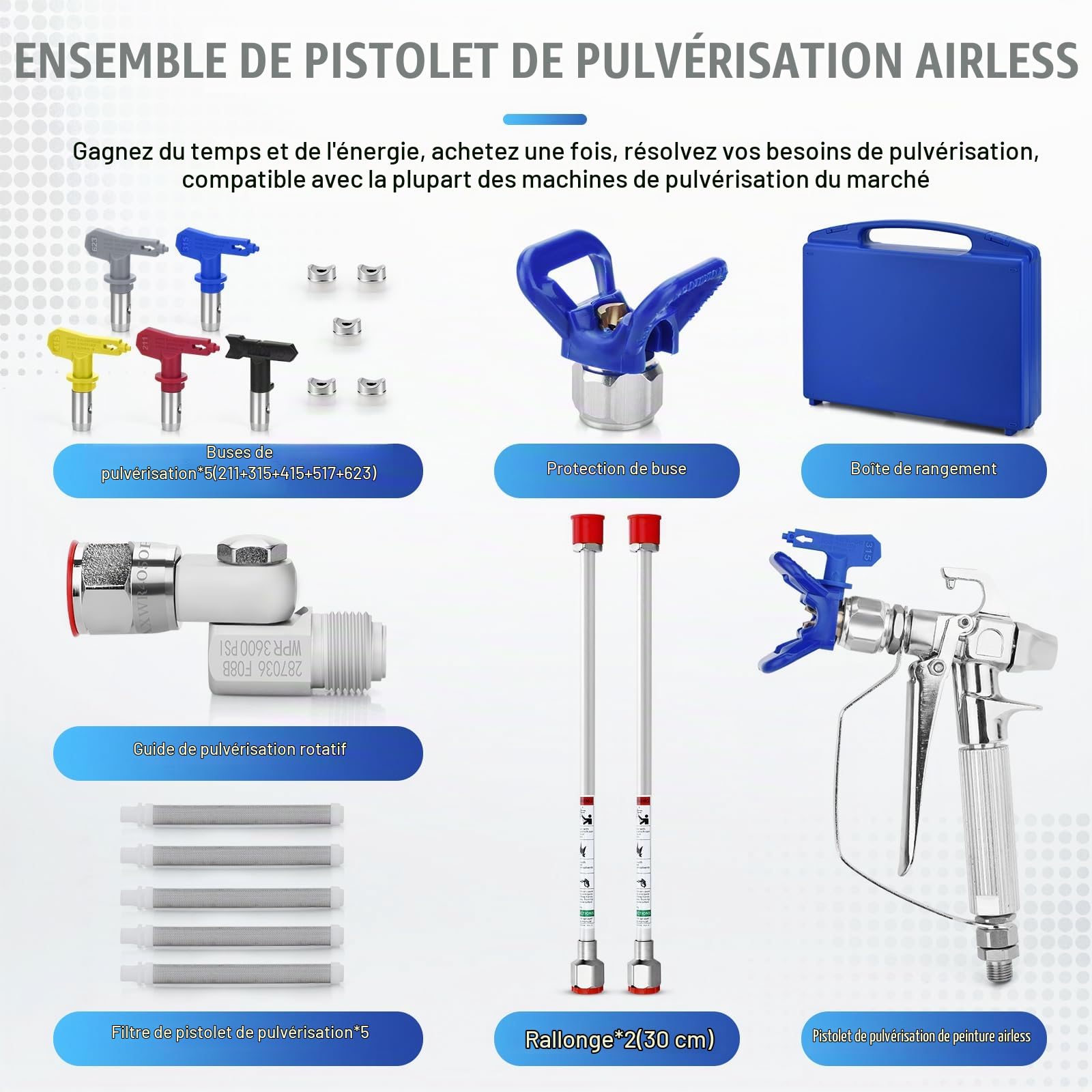 Kit de Pistolet a Peinture Airless,avec 5 Buse de Pulvérisation Airless, Buse Siège, Airless Peinture Pistolet Tige De Rallonge et Joints Rotatifs et 60 Mesh Éléments de Filtre et la Boîte