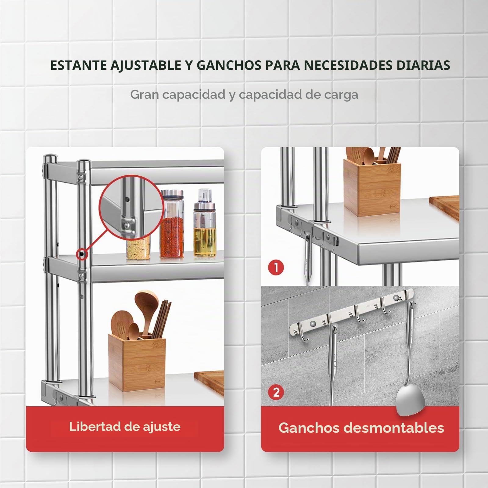 Mesa de Trabajo de Acero Inoxidable con 2 estantes Superiores, 91 x 61 x 138 cm, Mesa de Trabajo, Cocina, Capacidad de Carga, 662 kg, Patas de Acero Inoxidable para Cocina, Restaurante
