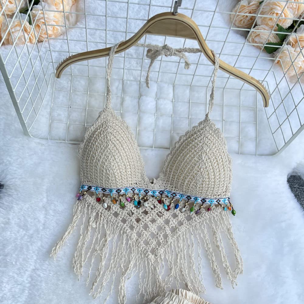 OZEO Pulls sans Manches Gilet,Ensemble De Bikini Triangle Au Crochet avec Couvertures pour Femmes Débardeurs avec Coussinet Gland D'Été Halter Neck Crop Tank Tops Ethnique Sexy Tricoté Plage Maillot