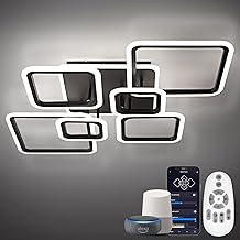 Smart LED Ceiling Light, 40.2&Prime; Square Flush Mount Fixture, 6+1 Ring Modern Design, 130W Dimmable Acrylic Light with Remote, WiFi Alexa &amp; App Control for Bedroom Living Room Dining Room (Black)