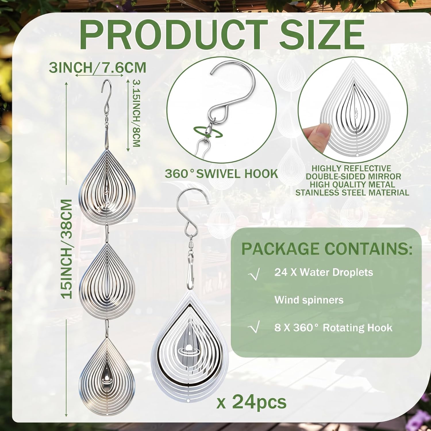 24 pcs Stainless Steel Bird Deterrents for Outside 3D Wind Spinners Outdoor Decor Reflective Bird Scare Discs Devices Deterrents Shiny Metal Reflectors Decor to Keep Woodpeckers Away(Teardrop) image 5