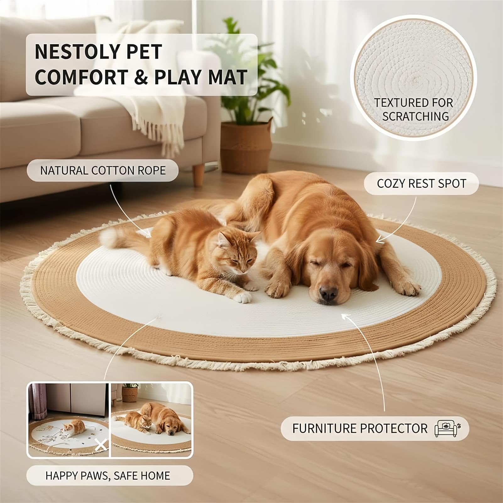 Alfombra de cuerda de algodón, lavable, redonda, reversible, con borlas, para gatos, suave, elegante, para el hogar, solución para rascar