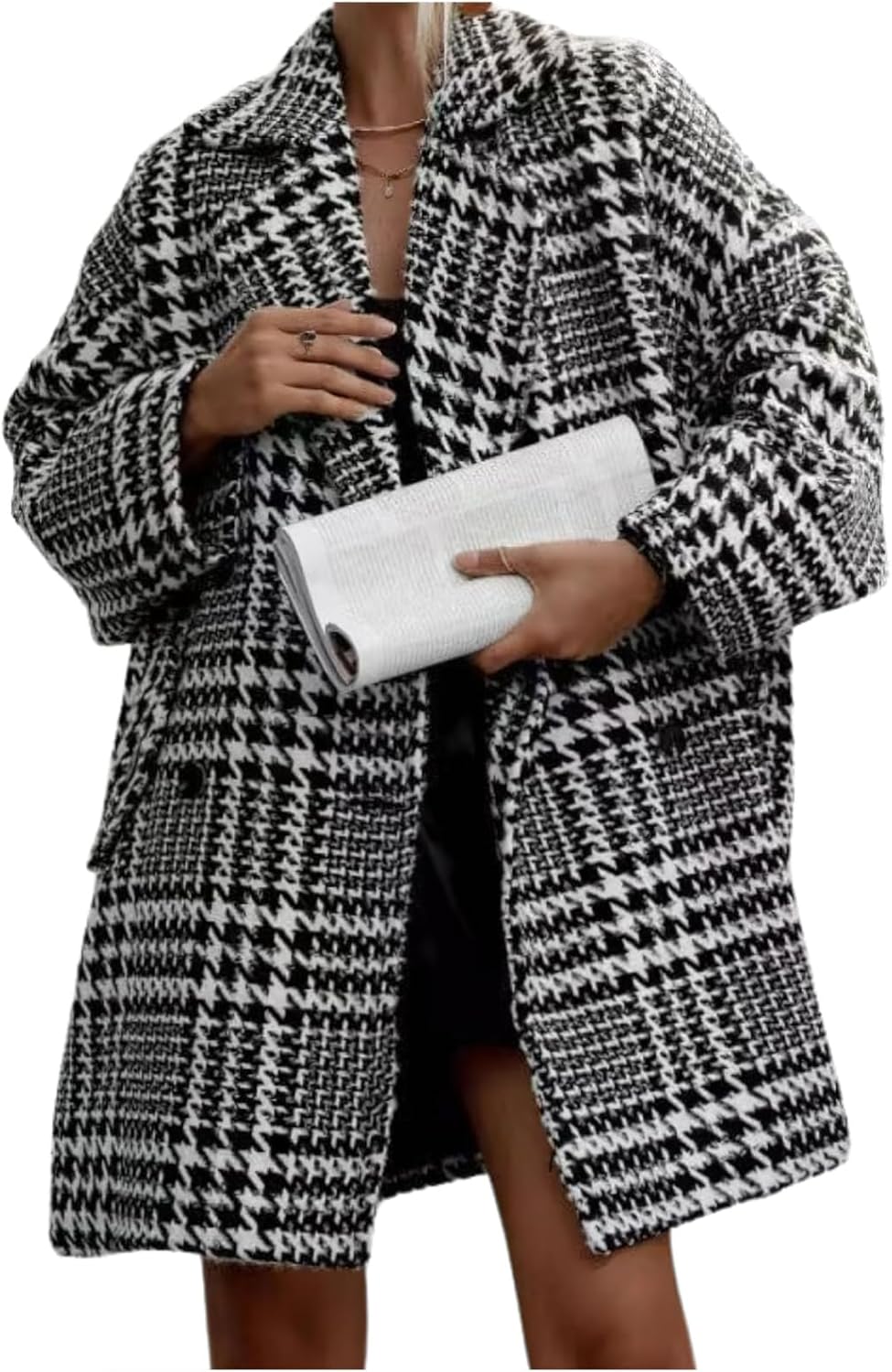 Mmoneyake Plaid Shacket Jacket Women Houndstooth Wool Blend Coat Notch Lapel Warm Winter Jackets Double Breasted Peacoat