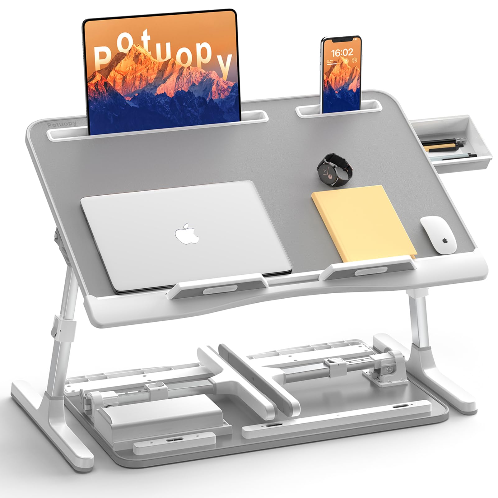 Laptop Stand for Bed, Potuopy Leather Adjustable Bed Desk Table Tray, X-Large Folding Lap Desk with Drawer for Eating Writing Drawing Working on Couch Floor Bed, Grey