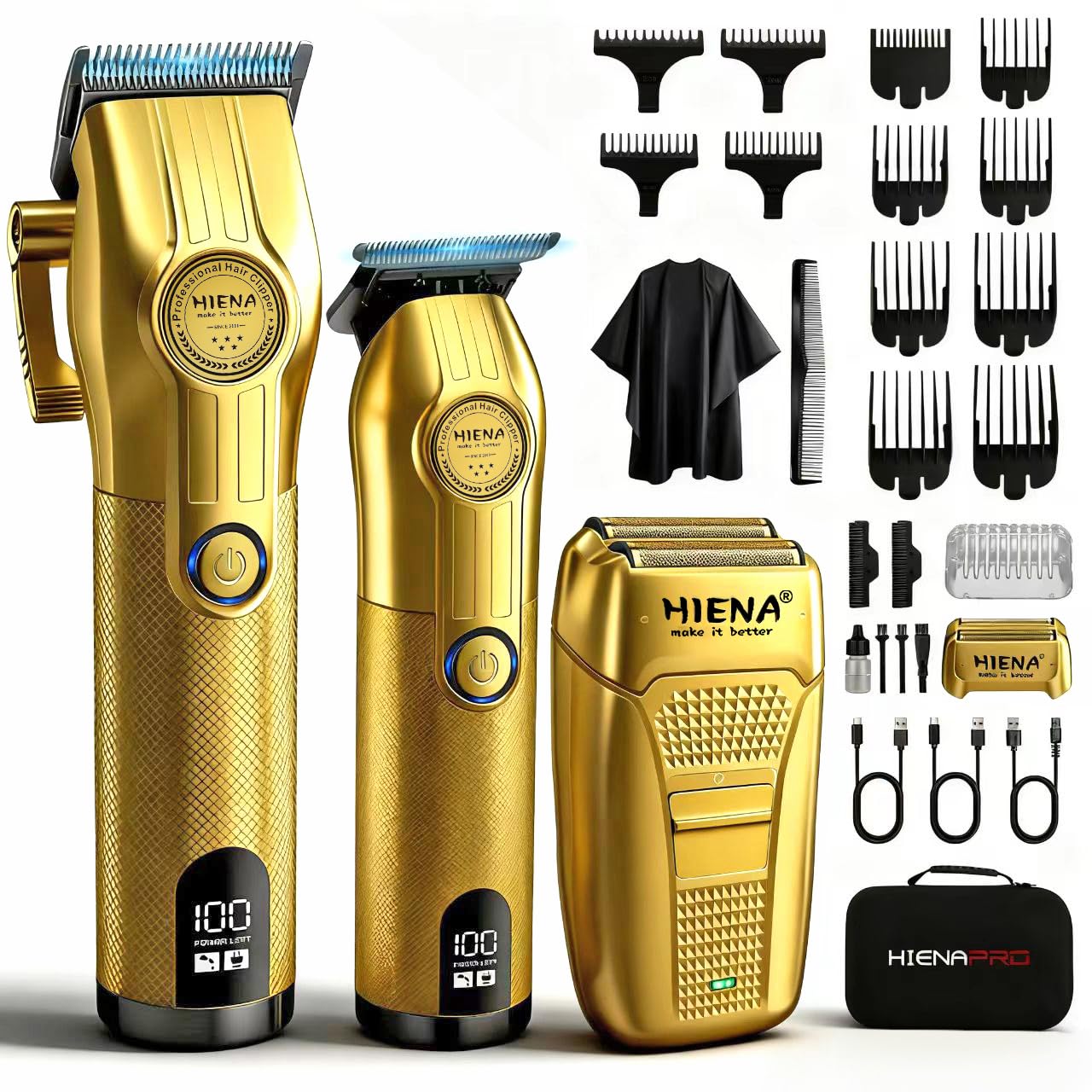 HIENA PRO Clippers and Trimmers Set - Cordless Hair Clippers for Men, Hair Trimmer & Foil Shaver, Hair Cutting Kit with Travel Bag, Barber Clippers Set with Cape for Home/Barber (Gold)-image-44