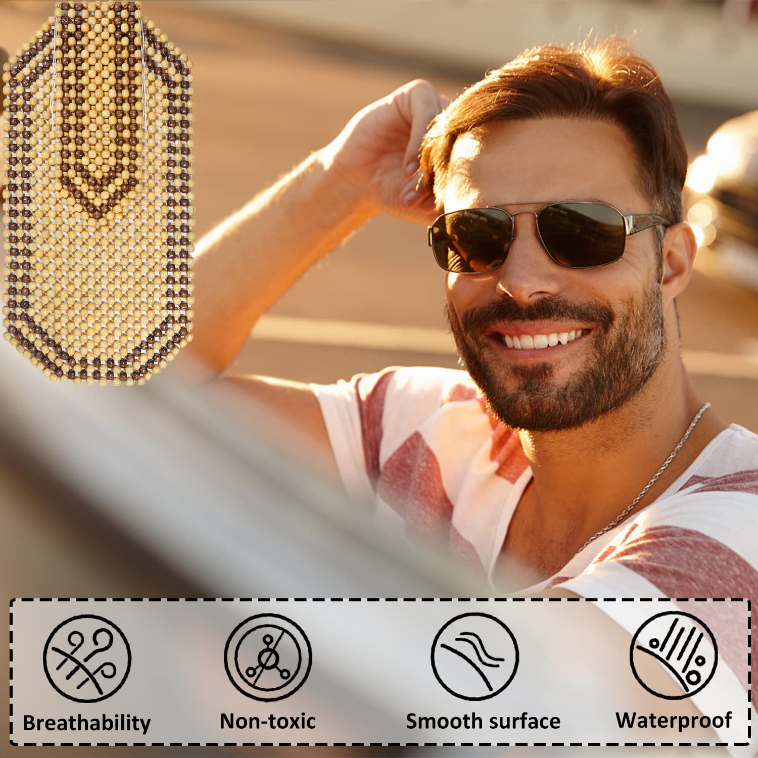 HomDSim Natural Wood Beaded Auto Car Seat Bead Cover,Front seat Natural Wooden Cool Refreshing Back Massaging Comfort Cushion Mat,Premium Quality Universal for Car Truck on Summer