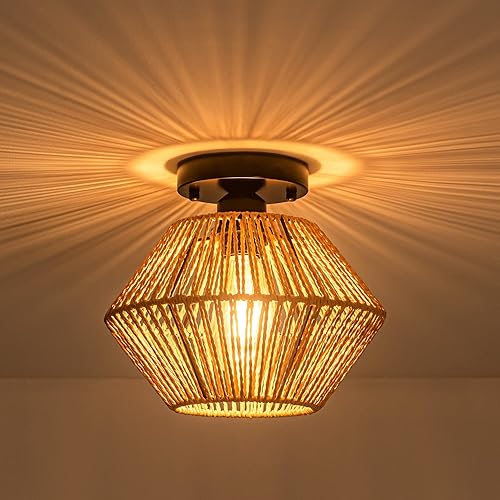 TSMKLEDAN Rattan Light Fixtures Ceiling Mount, Boho Light Fixture with Hand-Worked Woven Cage Lampshade, Coastal Semi Flush Mount Ceiling Light for Bedroom Hallway Nursery Entryway Foyer Farmhouse