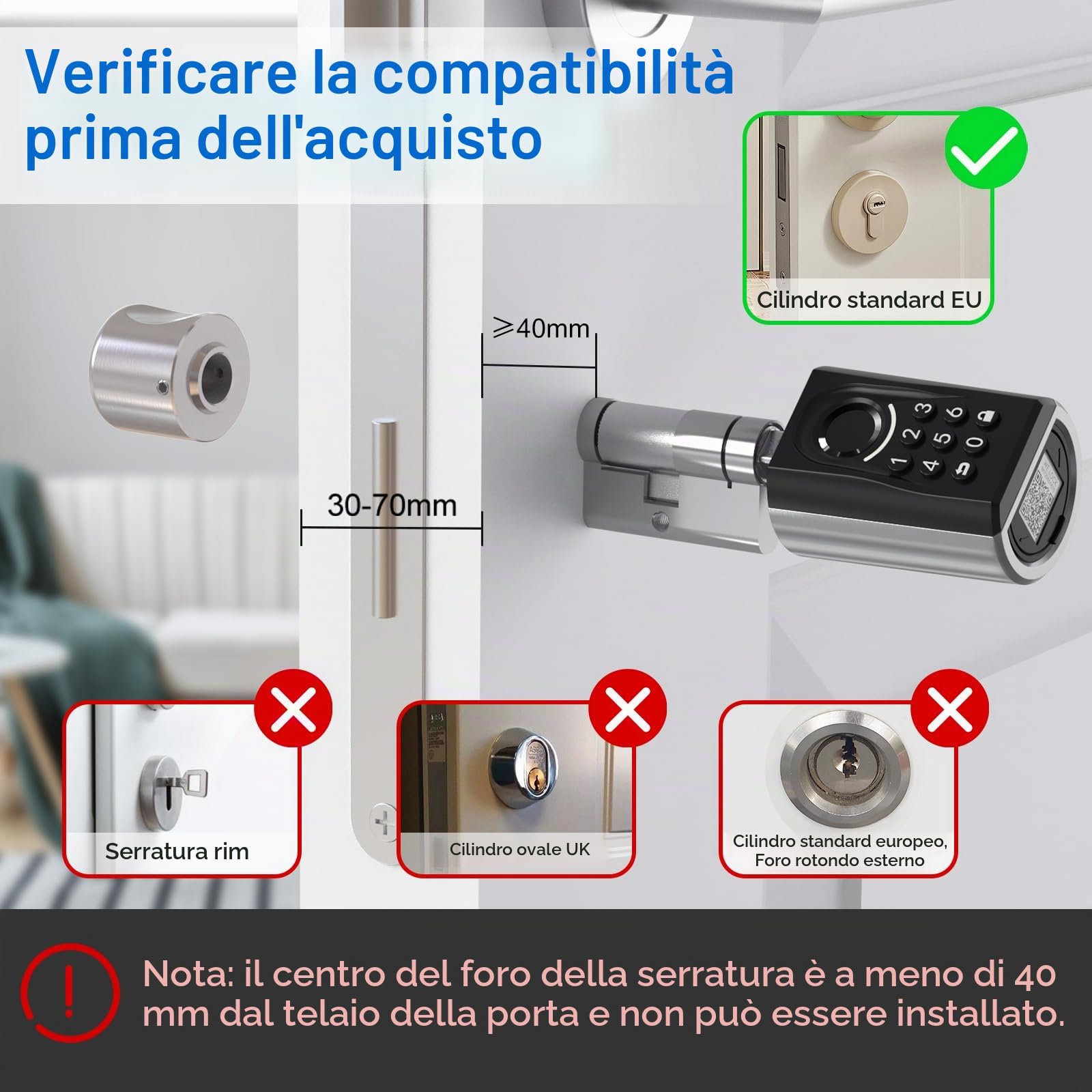 WELOCK TOUCA51 Serratura per Password, con Impronta Digitale Elettronica, con App, Password, Scheda RFID e WiFi, Adatto per Porte da 30 a 70 mm
