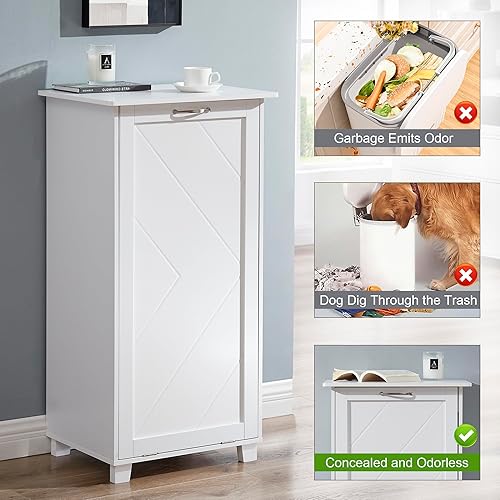 Miniatura 4 de VECELO Armario de basura de cocina inclinable, cubo de basura a prueba de perros con soporte de madera, reciclaje independiente, color blanco