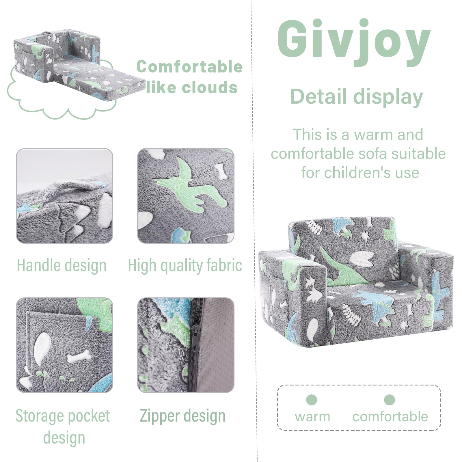 Givjoy Peuterstoel kinderbank, 2-in-1 comfortabele fauteuil met afneembare en wasbare hoes, draaggreep, converteerbare leesstoel, peuterbank voor meisjes en jongens