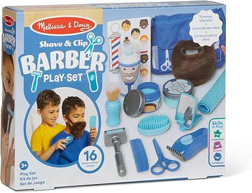 Miniatura 3 de Melissa & Doug Juego de simulación de barbería para niños (16 piezas) – Juguetes de afeitar, barba portátil y accesorios de aseo – Kit de juego de