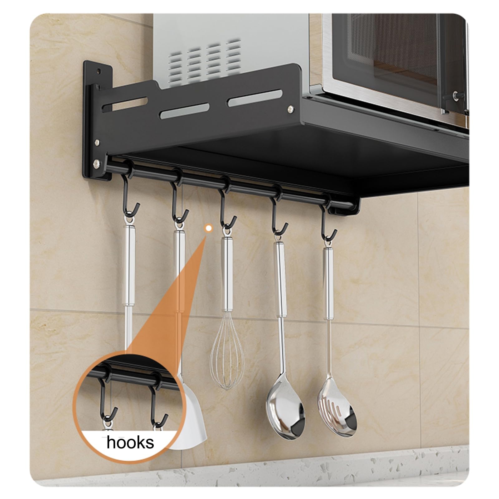 Mensola Forno Microonde Da Muro Cucina, Mensola Microonde Salvaspazio Da Parete, Ripiano Microonde Pensile con 5 Ganchos (57 * 36 * 14.5)