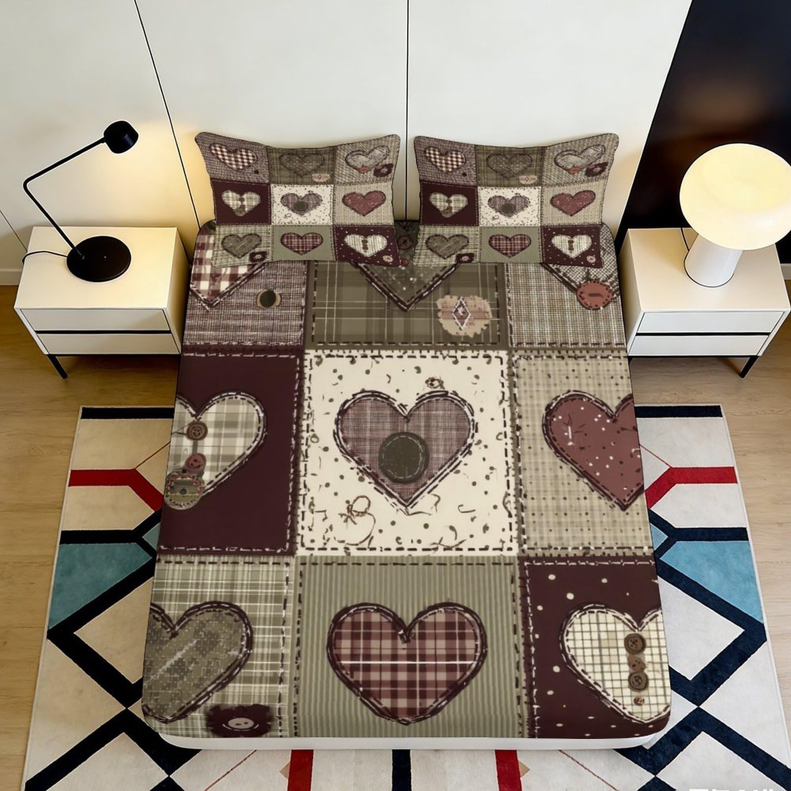 Pnayamiorkfel Style-5 3D Printed Patchwork Heart Fitted Sheet Microfiber Soft Breathable Vintage Love Bed Cover For Bedroom Guest Room Decor 90X200x25cm