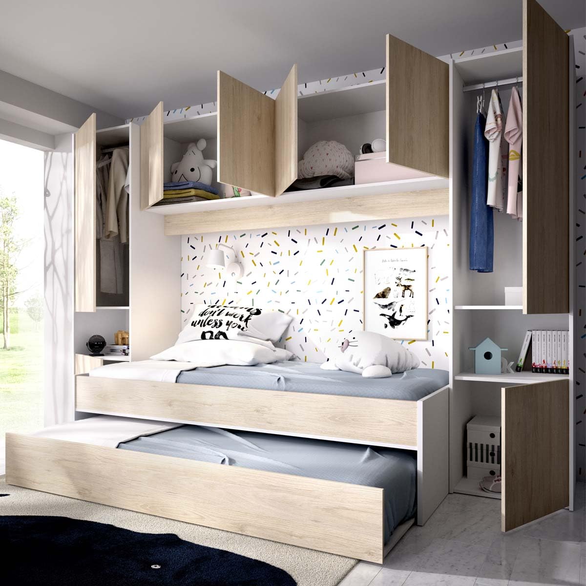 DEKIT - Pack Ahorro Juvenil Dormitorio Puente Kwai, 1 somier Lama Ancha y 2 colchones viscoelásticos Nova 90 x 190 cm