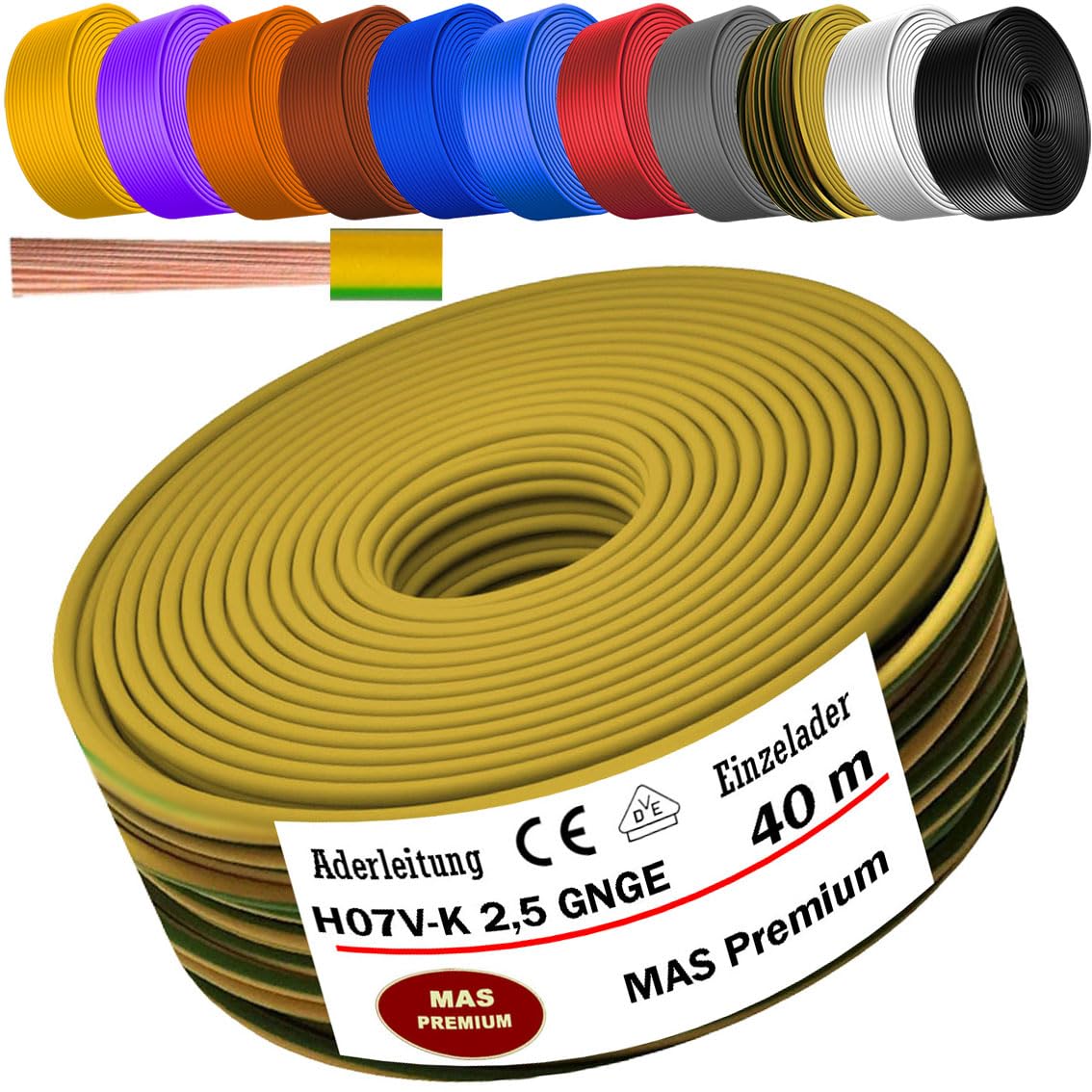 Cable eléctrico H07 V-K, 2,5 mm², verde/amarillo, cable individual flexible, de 5 a 100 m (40 m)