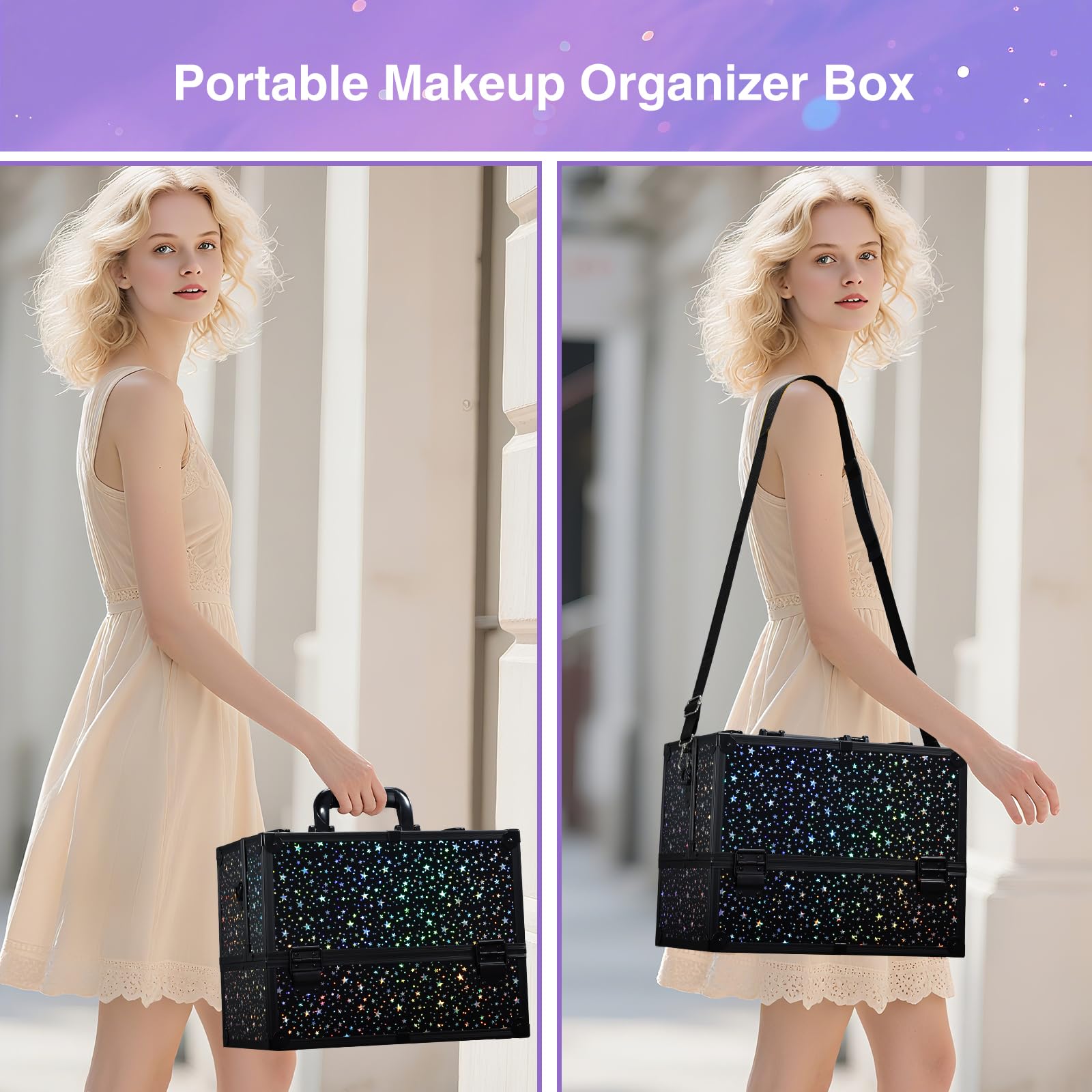 Joligrace Organizer per trucco per unghie, per gioielli, cosmetici, beauty vanity case extra large space, Stella nera, L
