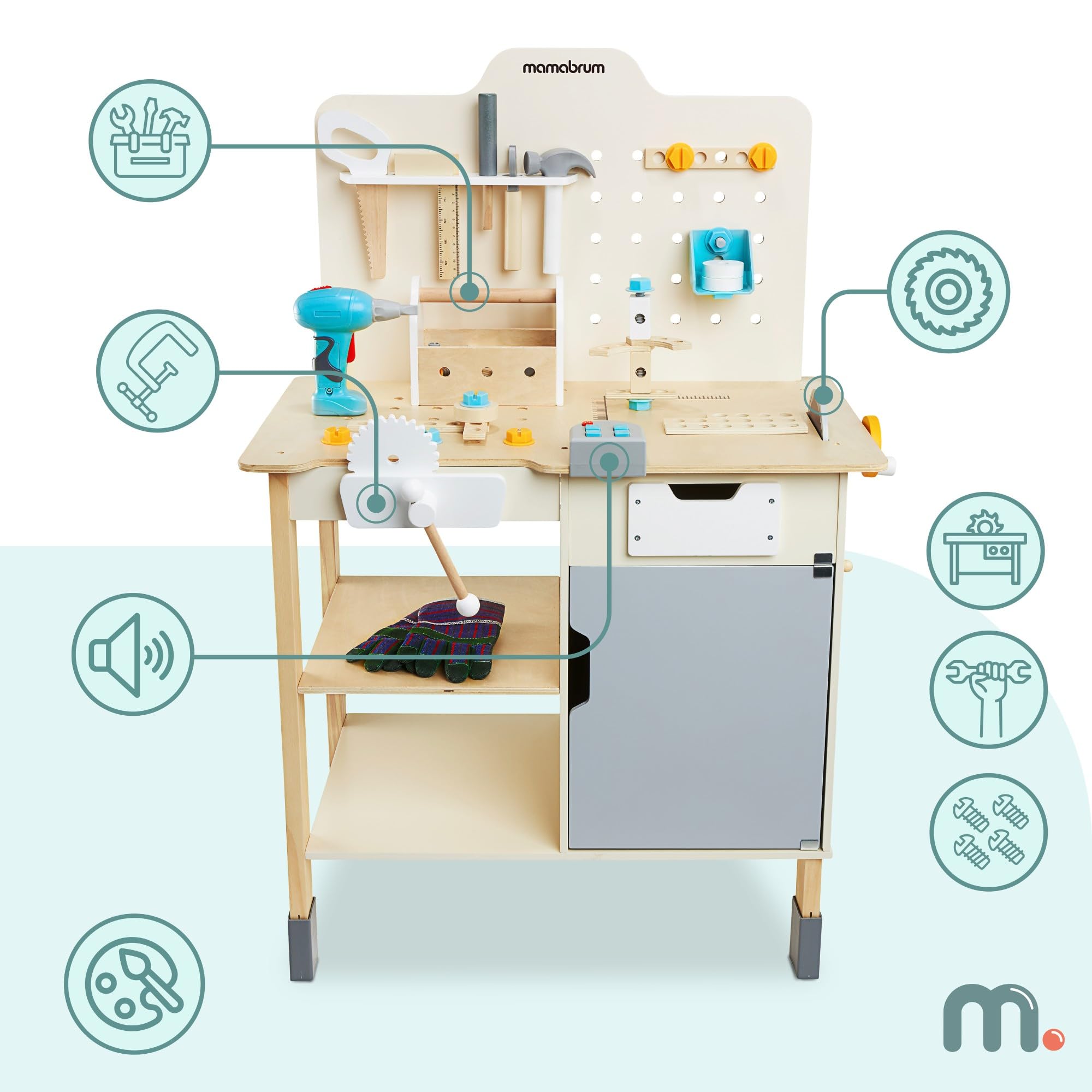 mamabrum Banco Trabajo Madera para Niños - Mesa Herramientas XXL con 74 Piezas, Taladro Eléctrico y Sierra Circular - Altura Ajustable 97-103cm - A Partir de 2 Años