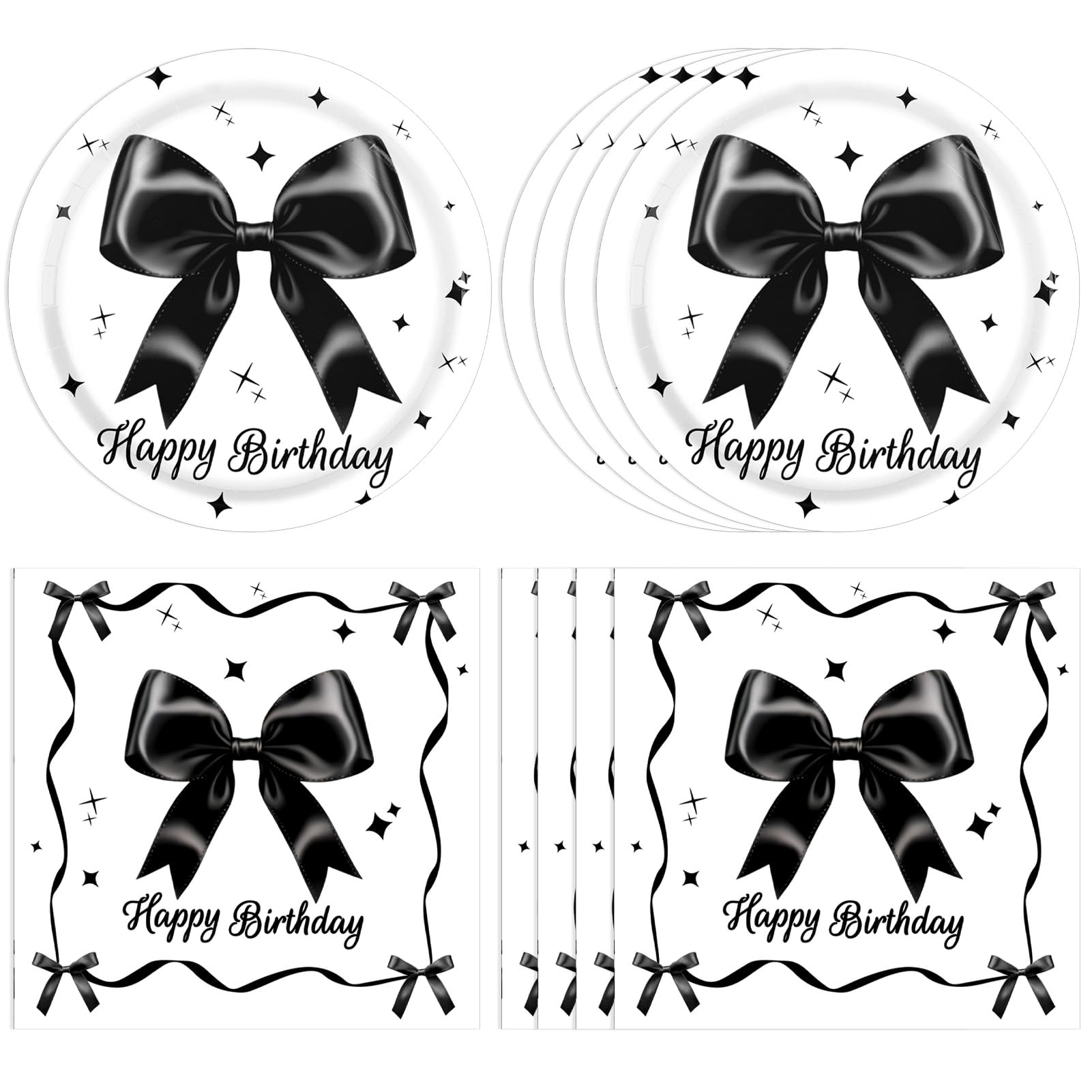 40 Pcs Black and White Coquette Birthday Decorations，7-inch Disposable Paper Plates and Napkins with Bow Design-Ideal for Birthday Party Decorations