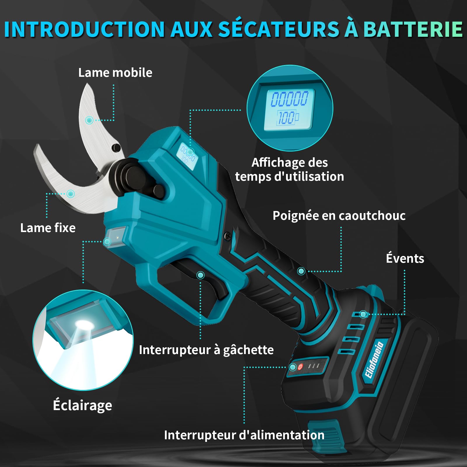 Sécateur électrique sans fil, diamètre de coupe max 40 mm, compatible pour batterie Makita 18 V,Affichage LCD,Moteur brushless, éclairage (sans batterie ni chargeur) pour le jardin