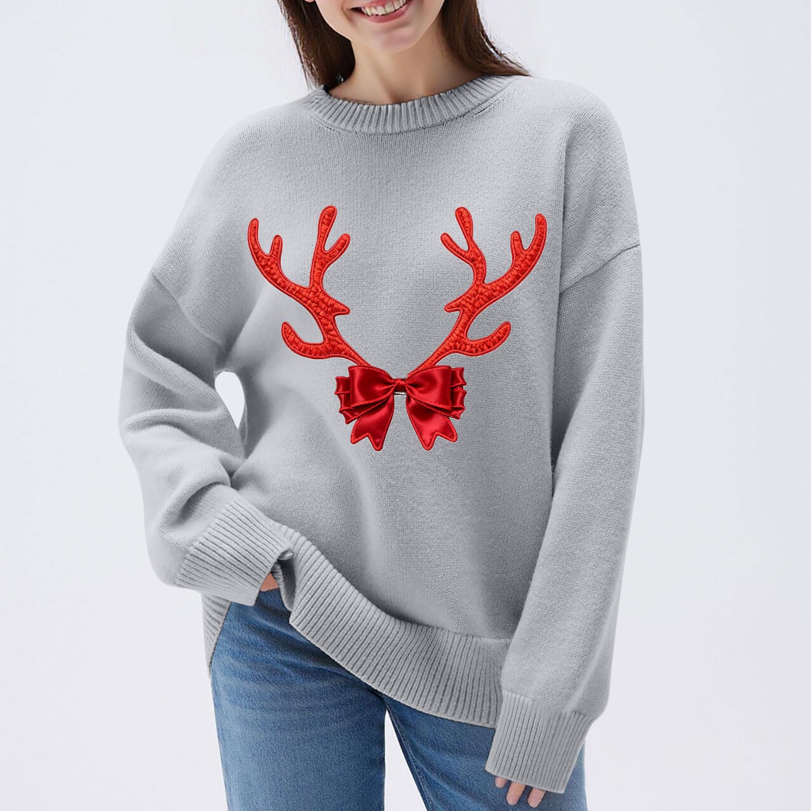 Suéteres de Navidad para mujer, cuello redondo, con estampado de cuernos sin libros, suéteres de Navidad para mujer, casuales, holgados, de punto acanalado, manga larga, divertidos, novedosos