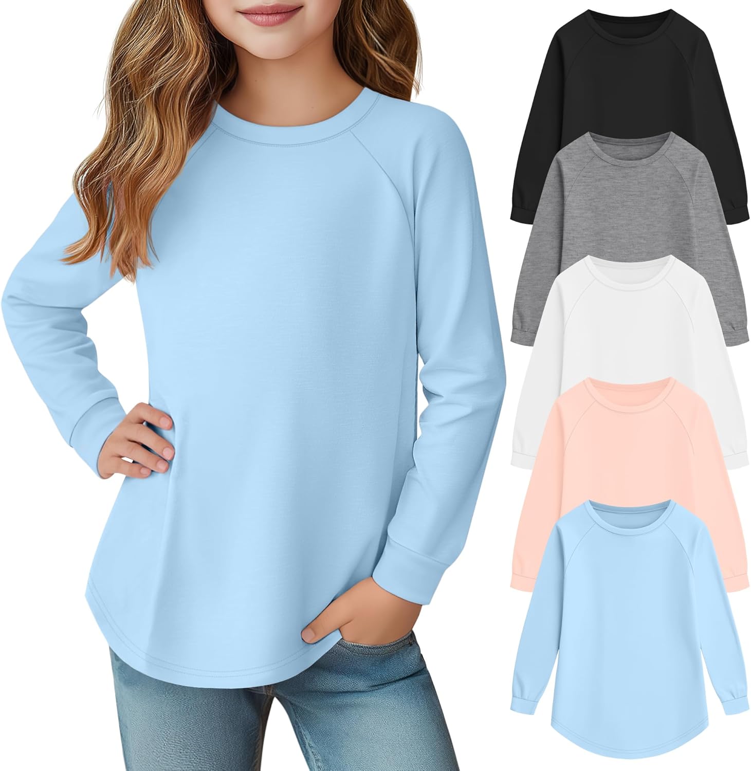 5 Pack Girls' Long Sleeve Shirts Curve Hem Crewneck Tops Raglan Loose Fit Casual Ki...