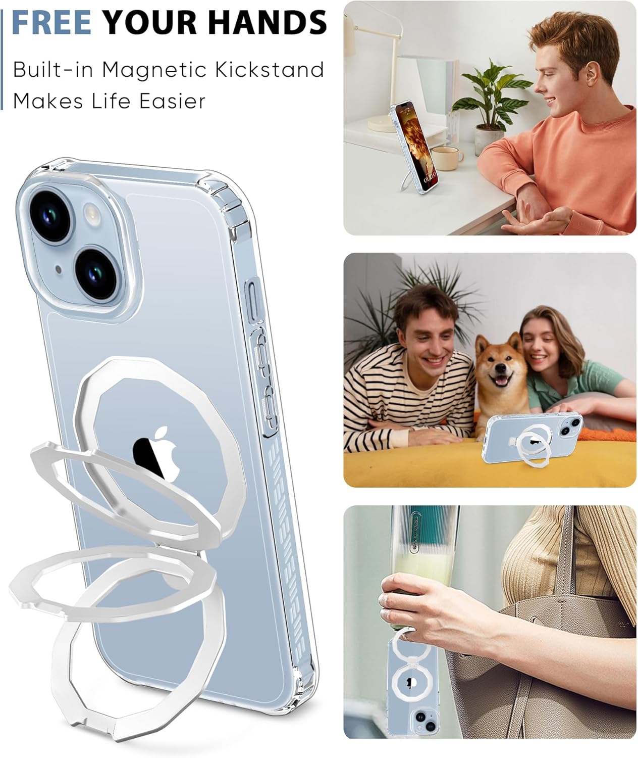 Compatible with iPhone 14 Plus Case, Built-in Screen Protector & Seamless Stand, with Camera Lens Protector, Strong Magnetic Clear Phone Case, Full Body Protective Cover for 6.7" (Clear) - Image 3
