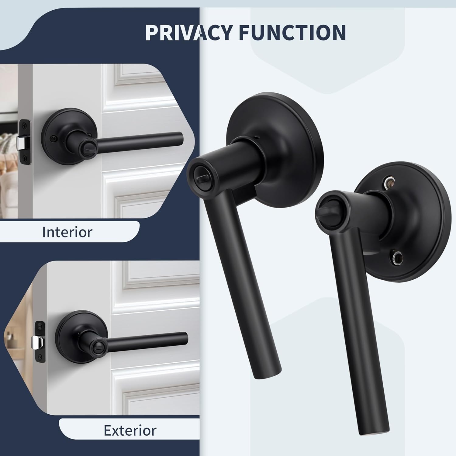 Round Style Door Handle with Privacy Locking, Privacy Reversible Door Lever for Bathroom or Bedroom Door, Matte Black Finish